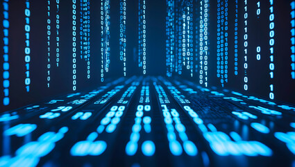 An illustration of digital data with blue binary code. Digital matrix background. AI-Generated