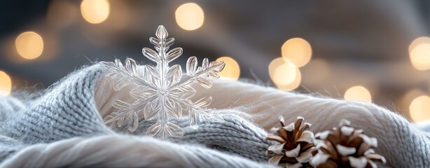 Cozy winter scene with a snowflake, warm wool, and pine cones surrounded by soft lights.