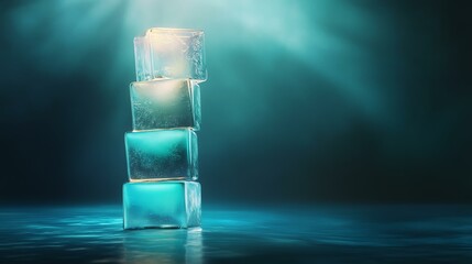 A stack of crystal-clear ice cubes illuminated by soft blue light.