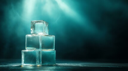 Stacked ice cubes glistening under cool blue light, creating a refreshing aesthetic.