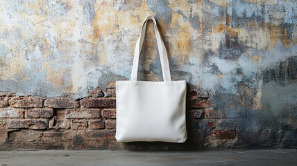 Blank white tote bag mockup on concrete wall