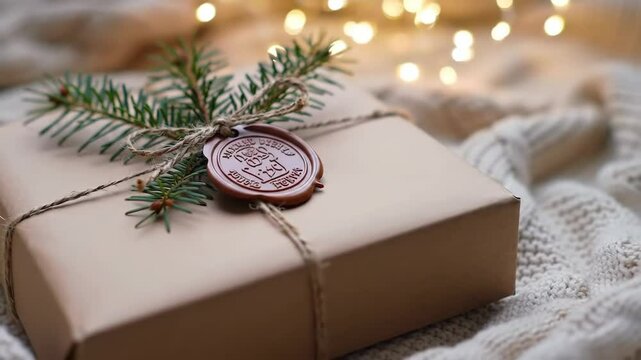 Beautifully wrapped Christmas gift with natural twine and pine branch detail, holiday present on a cozy knitted background with bokeh lights, festive celebration footage.