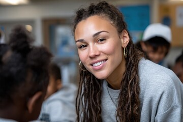 A smiling woman interacts with students in an educational environment, highlighting support, connection, and the joy of shared learning experiences.