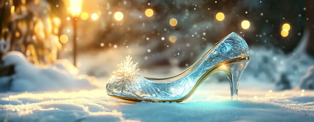 A magical high-heeled shoe resting in soft snow with sparkling lights and a dreamy atmosphere.