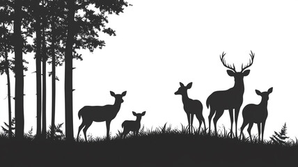 Silhouette deer family in forest Isolated isolated on white background