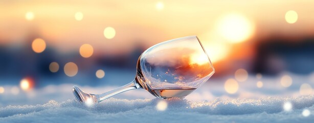 A glass tipped over in the snow, reflecting a beautiful sunset and glowing lights.