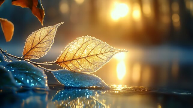 Glowing autumn leaves illuminated by soft sunlight near a tranquil body of water.
