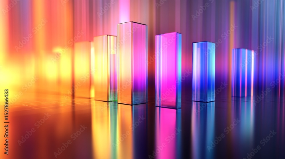 Poster D bar chart with a gradient color scheme, set on a reflective surface, capturing light beautifully, representing analytical data in a visually appealing manner.