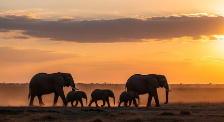 Elephant Herd at Sunset: An elephant herd moves gracefully across the African savannah during sunset, creating a silhouette against the vibrant orange sky. The image evokes a sense of peace, majesty.