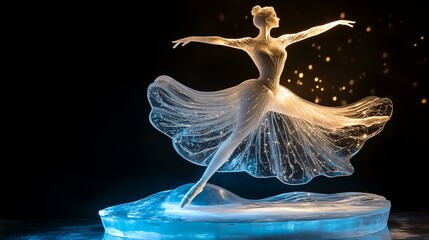 A graceful ice sculpture of a ballet dancer in motion, illuminated by soft lights.