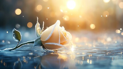 A beautiful dew-kissed rose in soft sunlight, symbolizing purity and elegance.