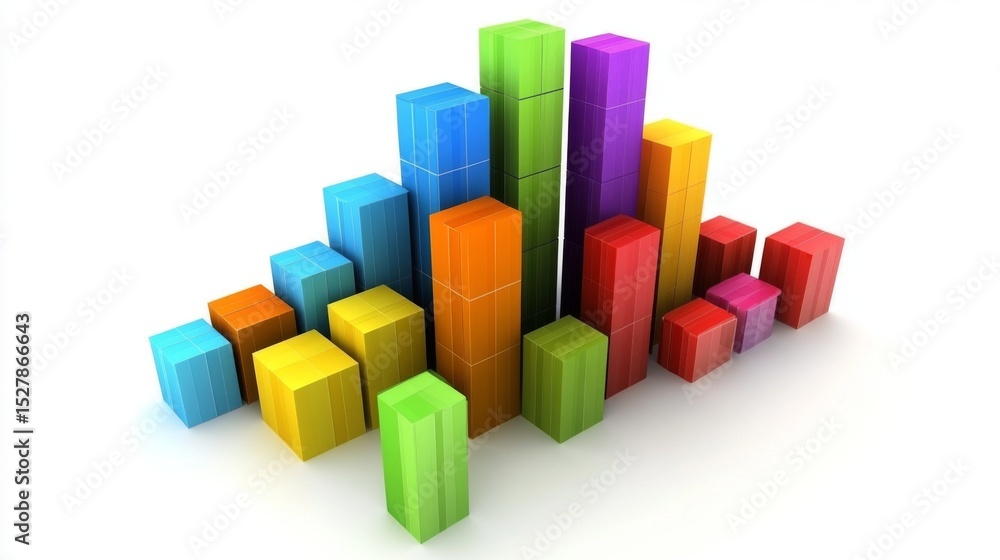 Fototapete Abstract D bar graph with geometric shapes and bright colors, casting soft shadows on a white background, showcasing a dynamic representation of data.