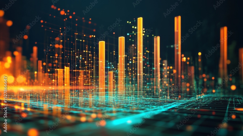 Aufkleber Abstract D bar graph emerging from a digital grid, with dynamic lighting effects, illustrating growth and change in data visually.