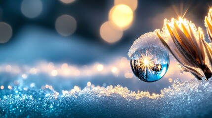 A crystal-clear droplet on a snow-covered plant reflecting winter beauty and light.