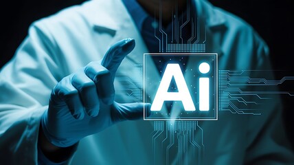 Artificial intelligence concept depicted with a scientist's hand touching futuristic technology