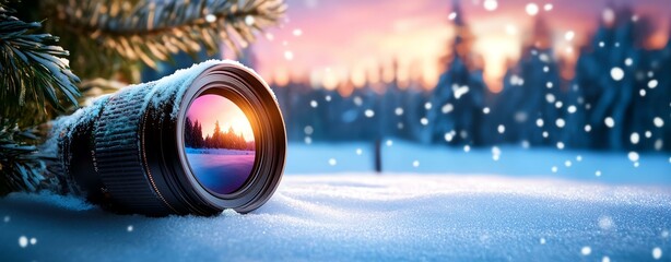 A camera lens resting in snow, capturing a vibrant sunset scene with falling snowflakes.