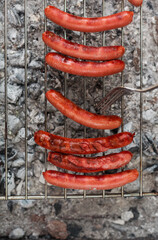 Grilling vegetables, sausages, and trout over charcoal in a backyard during summer. Outdoor cooking with real flames and smoke in a cozy home setting