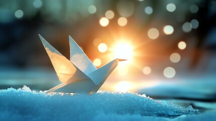 A serene paper crane resting on snow as the sun rises, symbolizing peace and hope.