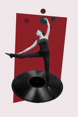 Creative pop collage of person have fun dance vinyl plate on white color background