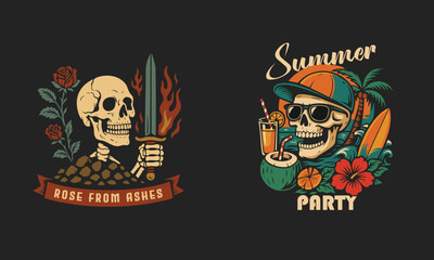 Two Fully Editable Vector T-Shirt Designs with a skull rising from ashes holding a sword and a skull with cap on with beach elements around for summer party theme