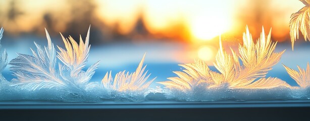 Frosted window edges framing a stunning winter sunset, showcasing nature's beauty.