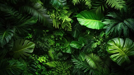 Fototapeta premium Arrangement of tropical plants with vivid green tones and natural shadows