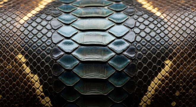 Detailed Python Skin Texture: This macro shot of python skin showcases the intricate patterns and textures of the reptile, featuring a striking combination of colors and scales.