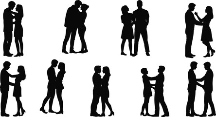 Romantic Silhouettes: Couples Embracing, Kissing, and Sharing Intimate Moments in Black and White Art flat vector illustration