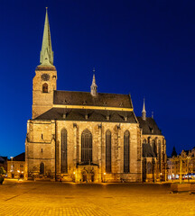 Panoramic view of the Cathedral of St. Bartholomew in Plzen (Czech Republic) by night