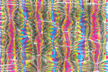 Abstract design with a star-like radial pattern. This design has a bright color palette. The strokes appear textured and somewhat chaotic