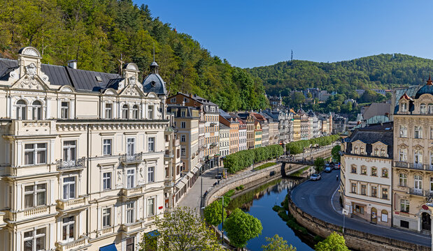 Old quarter of Karlovy Vary (Czech Republic) with river Tepla