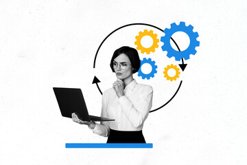 Creative full art collage of minded businesswoman hold laptop gearwheel optimization settings development career goal achievement