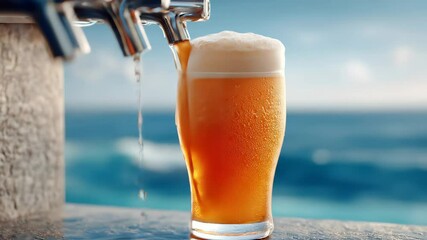 Fresh golden beer being poured into a tall glass from a tap with foam and water droplets, perfect for Oktoberfest festival. - Powered by Adobe