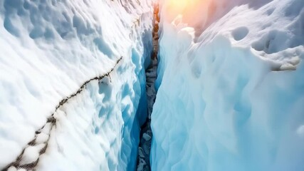 View down into a deep crevasse on a glacier featuring snow and ice formations, showcasing the cold environment and icy textures of the landscape. - Powered by Adobe