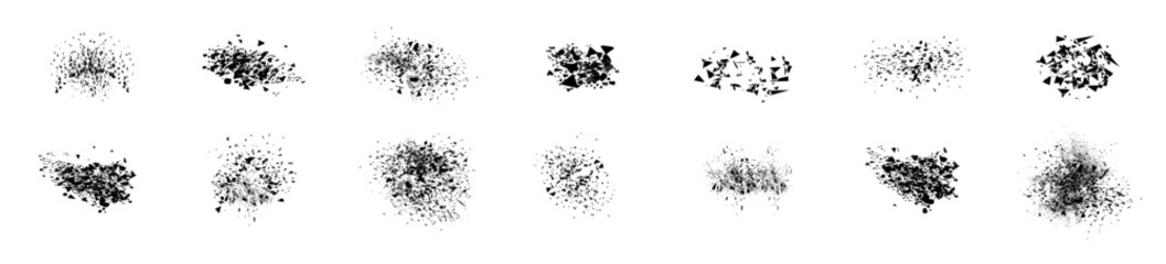 Explosion geometric shape collection. Set of broken element. Destruction effect shapes. Exploded element with spray particles. Broken glass with debris, particles burst set. Black grey shatters.