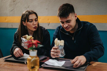 Two friends share a meal at a vibrant eatery, enjoying burritos and engaging in conversation.