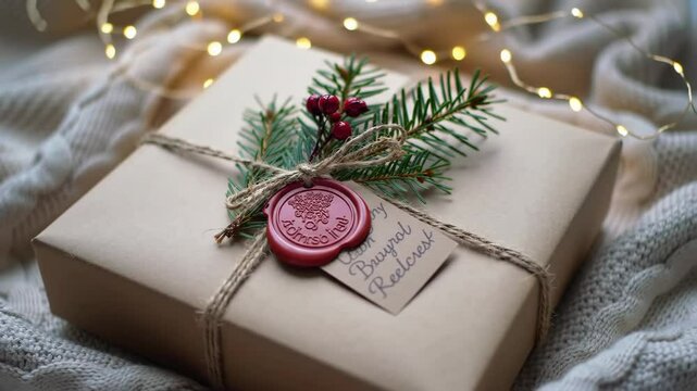 A gift box wrapped in kraft paper with a sprig of pine, berries, and a wax seal. Christmas holiday footage.