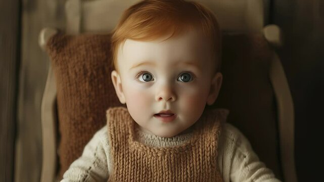 A child with reddish hair is wearing a knitted brown garment over a cream sweater. The background features subtle wooden textures, creating a warm setting.