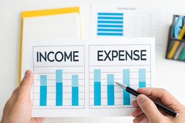 Hands holding and pointing to income and expense graphs demonstrating financial analysis concept.