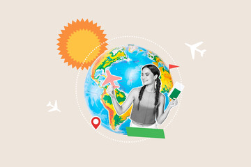 Full 3d image creative poster collage of happy girl hold plane tickets passenger flight globe earth...
