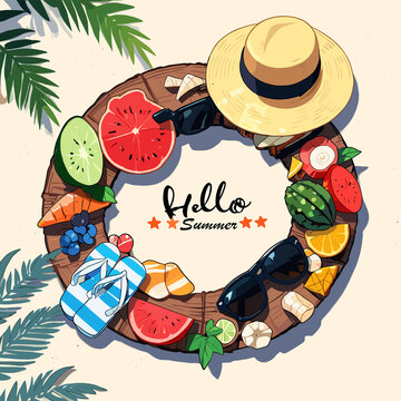 Colorful summer wreath with fruits, sunglasses, flip flops, and "Hello Summer" text in center