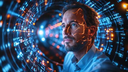 Man's face overlaid with digital interface.  Abstract holographic display swirls around him - Powered by Adobe