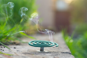 Smoldering mosquito repellent coil in summer garden, insect protection