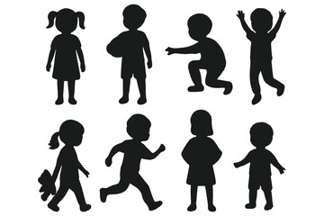 Set of Children Silhouettes in Various Poses and Activities