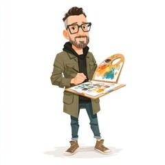 Cartoon artist with palette standing confidently, showcasing creativity and passion for painting in a vibrant art studio environment