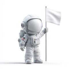 Cute cartoon astronaut holding a blank white flag in an empty space environment, futuristic design, playful and imaginative scene