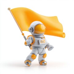 Cute cartoon astronaut character holding yellow flag, celebrating exploration and adventure in outer space, colorful design