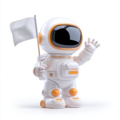 Cute cartoon astronaut character waving white flag on bright background showcasing creativity and imagination in design