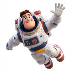 Friendly cartoon astronaut character in space suit floating with joy and waving hand, perfect for children's themes and education