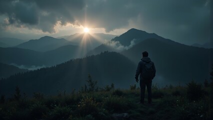 A lone hiker stands on a mountain ridge, gazing at the sun setting over misty, forested peaks under a dramatic cloudy sky.